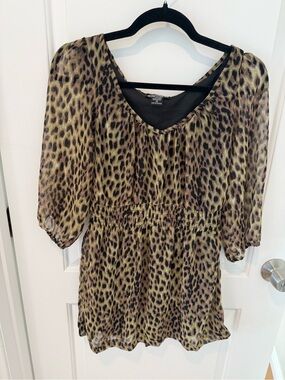 Leopard Print Peasant Blouse - Olive Brown